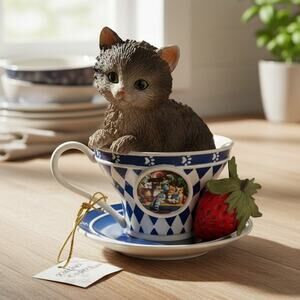 Vintage 1990s Jurgen Scholz Cozy Kitten Teacup Figurine Kitchen Capers LE 0521
